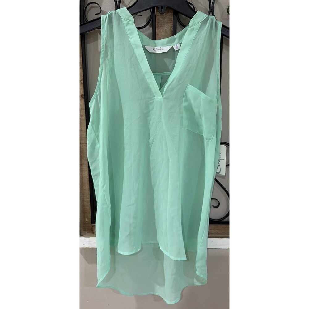 Curfew Womens Mint Green Sheer Blouse Sleeveless V Neck Pocket Top Sz M. New
